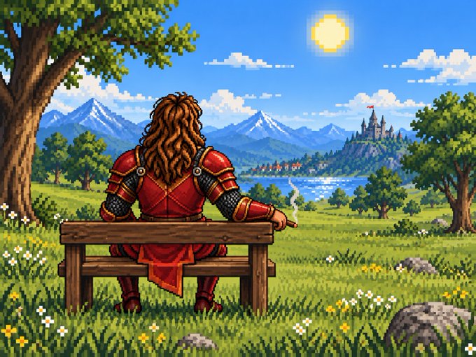 A pixel art illustration of a red-armored warrior with long brown hair sitting on a wooden bench, overlooking a scenic landscape with mountains, a lake, and a castle under a sunny sky.