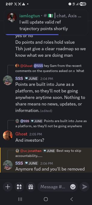 A screenshot of a Discord conversation shows community members, including "SSS," "Ghost," and "uc jonathan," expressing frustration about "June" (JUNE), a points-based platform they invested in. The chat captures tensions as users complain about a lack of transparency and updates, with one being threatened with removal for spreading "fud." The accompanying post echoes this sentiment, calling on @askjuneai to improve how it engages with long-term community contributors.