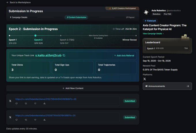 A screenshot of an 'Axis Content Creator Program: The Katalyst for Physical AI' submission dashboard showing Epoch 2 in progress with 3 total clicks.