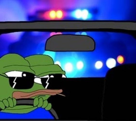 A meme image of Pepe the Frog wearing black sunglasses while driving a car against a backdrop of blurred police lights.