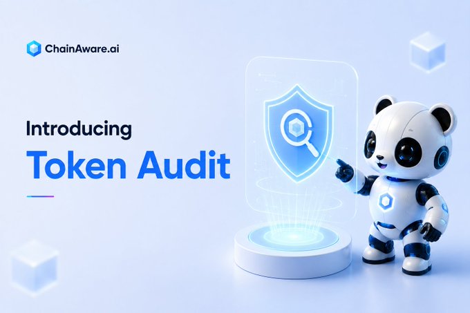 A promotional graphic for ChainAware.ai featuring a cute robot panda mascot pointing at a glowing security shield icon, alongside the text "Introducing Token Audit" — visually reinforcing the message about needing deeper smart contract analysis beyond basic surface-level checks.