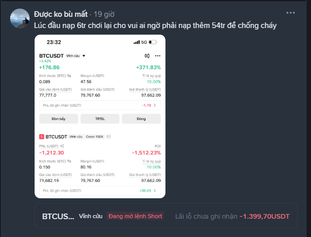 A Vietnamese social media post showing a screenshot of BTCUSDT trading positions with the text discussing reinvesting funds and a loss of -1,399.70 USDT.
