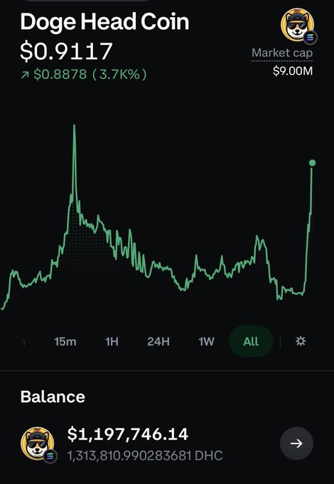 A cryptocurrency app screen displays "Doge Head Coin" at $0.9117, up 3.7%, with a market cap of $9.00M and a balance of $1,197,746.14 (1,313,810.99 DHC).