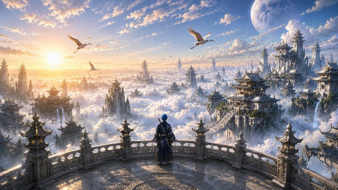 A fantastical digital artwork depicting a figure in dark robes standing on an ornate stone balcony overlooking a breathtaking celestial city of pagodas floating among clouds at sunset, with birds flying and a planet visible in the sky.