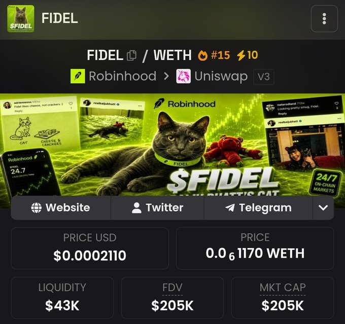 The image shows a DEX trading page for the $FIDEL/WETH token pair, ranked #15 with a price of $0.0002110 and a market cap of $205K. The page features a cat-themed meme branding with "Robinhood" promotional visuals, aligning with the post's claims of a rapid 7X run from a $30K to $210K market cap tied to the Robinhood ($HOOD) hype.
