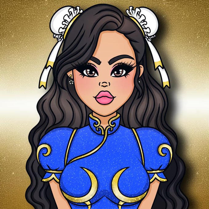 A cartoon-style illustration of a woman with long dark hair wearing a blue and gold Chinese-inspired dress and hair ribbons.