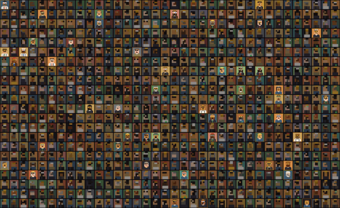 A dense grid of hundreds of small, pixelated character avatars in various colors and outfits, arranged in neat rows. The image visually represents the 328 tycoons mentioned in the post's supply math, with the grid showcasing the variety and quantity of these NFT-style characters before their reveal.