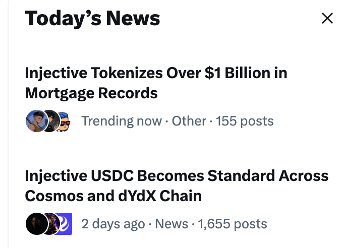 A 'Today's News' feed showing headlines including 'Injective Tokenizes Over $1 Billion in Mortgage Records' and 'Injective USDC Becomes Standard Across Cosmos and dYdX Chain.'