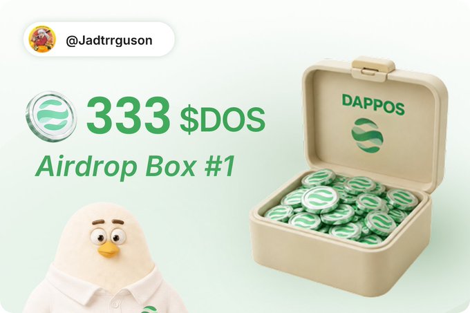 Promotional image featuring @Jadtrrguson showing 333 $DOS Airdrop Box #1 with a DappOS box filled with green tokens and a duck mascot.