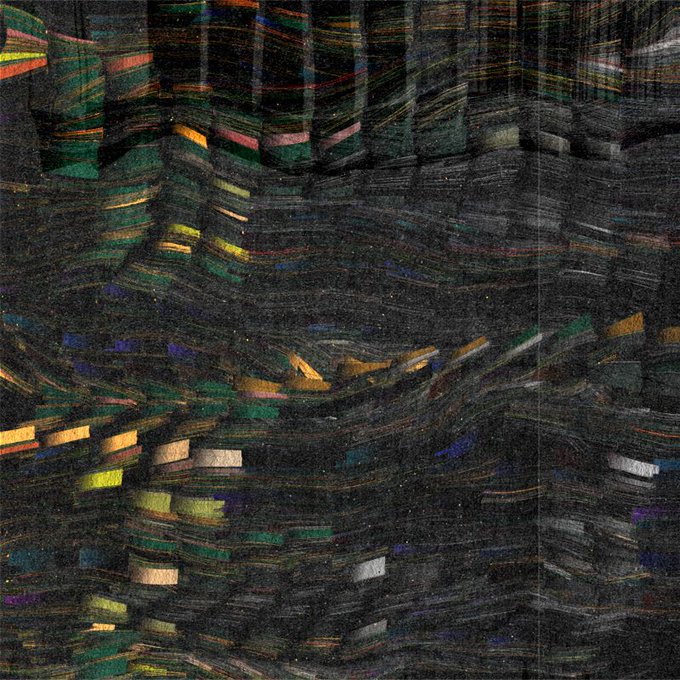 An abstract, textured painting featuring dark green and black vertical striations interwoven with horizontal bands of yellow, pink, and blue rectangular shapes.