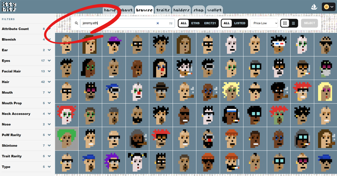 A screenshot of a CryptoPunks-style NFT marketplace showing attribute filters on the left (Blemish, Ear, Eyes, Facial Hair, Hair, Mouth, etc.) and a grid of pixel art character portraits.