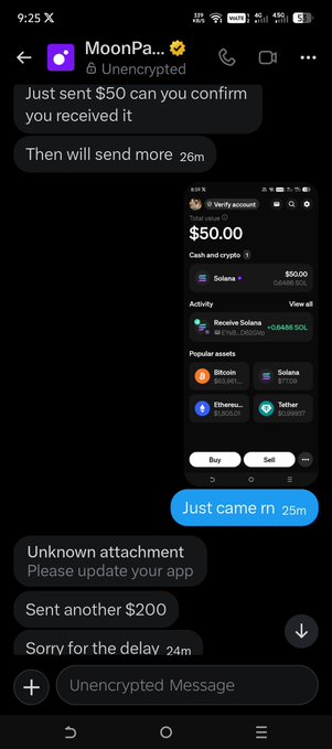 The image shows a Signal chat with MoonPay featuring screenshots of a $50.00 crypto transaction confirmation, shared to back up the post's claim of distributing $50 in SOL (split as $5 to ten recipients) to the community after being randomly selected by @moonpay.