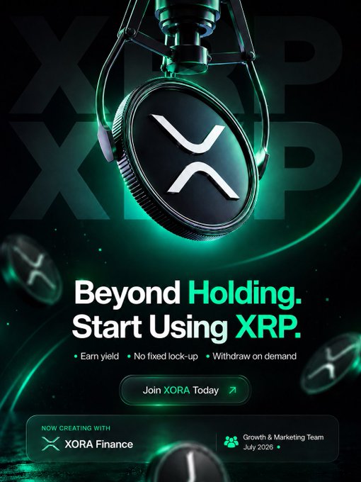 A promotional graphic for XORA Finance featuring a metallic XRP coin held by a robotic claw, with the tagline 'Beyond Holding. Start Using XRP.' and benefits listed as 'Earn yield, No fixed lock-up, Withdraw on demand' alongside a 'Join XORA Today' button.