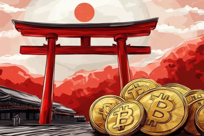 An illustrated scene showing a red Japanese torii gate with the rising sun behind it, alongside piles of gold Bitcoin coins.