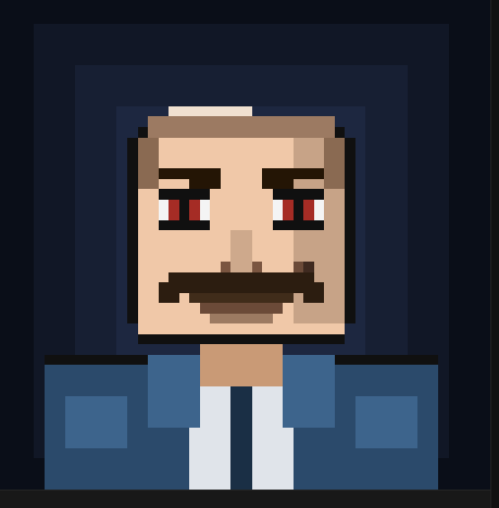 A pixel art portrait of a bearded man wearing a blue suit jacket, white shirt, and tie against a dark blue background.