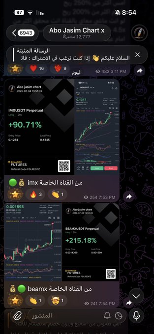 A Telegram channel called "Abo Jasim Chart x" displays cryptocurrency trading charts showing IMXUSDT Perpetual at +90.71% and BEAMX/USDT Perpetual at +215.18% with Arabic text messages.