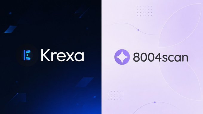 Promotional graphic displaying the logos for Krexa and 8004scan side by side on blue and lavender backgrounds.
