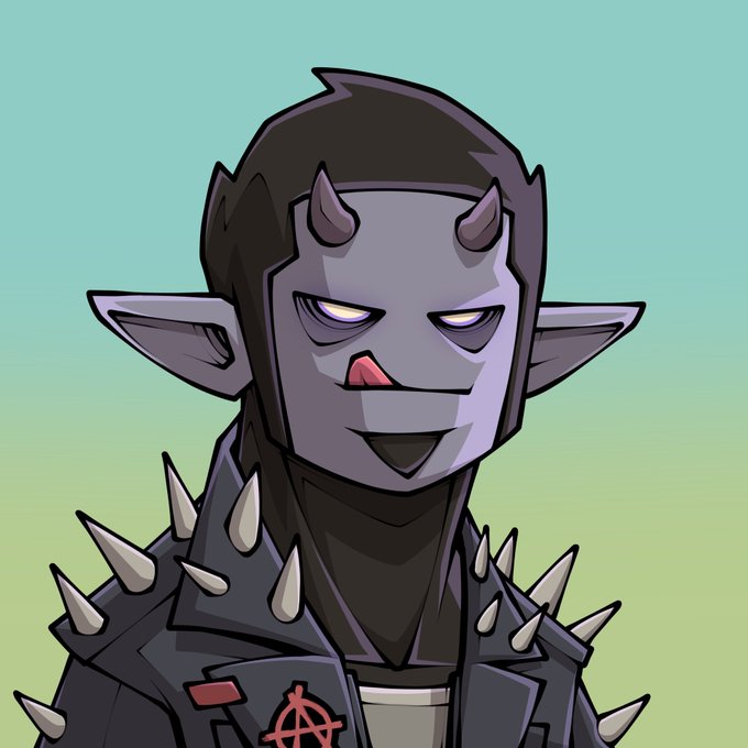 A cartoon illustration of a gray-skinned demonic character with horns and pointed ears, wearing a black spiked leather jacket featuring an anarchy emblem.