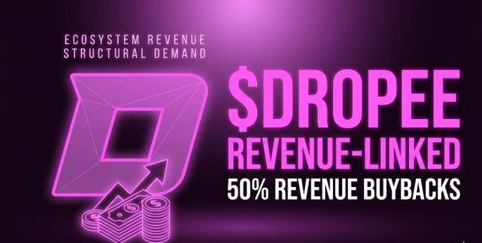 The image features a purple banner with white text that reads "SDROPEE Revenue-Linked 50% Revenue Buybacks" against a dark purple background. The text is arranged in a way that makes it easy for viewers to understand what the post is about, and the use of color helps draw attention to the content.