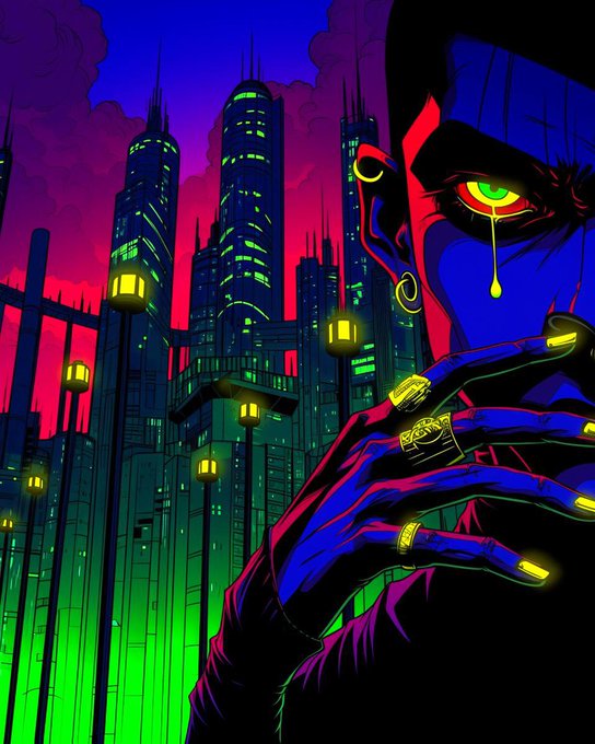 A neon-drenched figure with glowing green tears and ornate gold rings gazes over a cyberpunk cityscape of towering skyscrapers bathed in vibrant pink, green, and blue hues. The dark, mysterious aesthetic evokes the active, creative energy of NFT contributors, calling for more dedicated builders to join the Mystiverse community.
