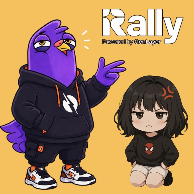 A cartoon bird in a black hoodie points at an annoyed-looking girl next to the "Rally Powered by GenLayer" logo, echoing the post's theme of cautious optimism as the narrator regains confidence in a project after past NFT losses.