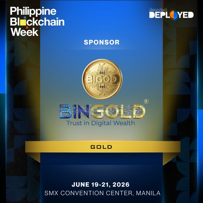 The image features a poster for the Philippine Blockchain Week that includes a gold coin symbolizing BIGOD token as its sponsor. The poster also displays the date "June 19 - 21, 2016" and the event's location "SMX Convention Center, Manila". The text on the poster reads "Thrilled to welcome BIGOD TOKEN as a Gold Sponsor of Philippine Blockchain Week", indicating that BIGOD token is being used as a sponsor for the event.
