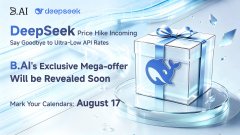 The image shows a promotional graphic from "deepseeds" (B.AI) announcing "DeepSeek Price Hikes Incoming" with the tagline "Say Goodbye to Ultra-Low API Rates," alongside text stating "B.AI's Exclusive Mega-offer Will be Revealed Soon" on August 17, featuring a gift box graphic. The graphic visually reinforces the post's theme of upcoming DeepSeek V4 price increases and the teaser for B.AI's (BAI_AGI) special offer drop, tied to Justin Sun's Tron ecosystem branding.