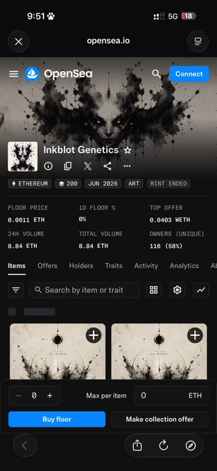 The image is a screenshot of an open sea mobile app called "OpenSea". The main information displayed on the screen is that it's connected to eBay, which seems to be related to a music collaboration. On this page, there are two different songs with watermark images in the bottom part and some text about buying items or collections from eBay. Additionally, there appears to be a message indicating that it has been bought by someone named "Uniques". The post on Instagram shows an interesting image of a black butterfly surrounded by black ink dots as its description reads, "InkgeneticsNFT Mp - .-Fp -.-Qr - .01 @ mint . @ ethi . . .".