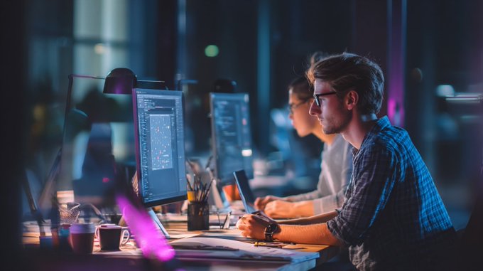 In a dimly lit office, two people are focused on their computer screens, working late into the night. The image pairs with a post about Wallchain's project transition, suggesting that despite the late hours and challenges, the team behind it is still working diligently to keep things moving forward.