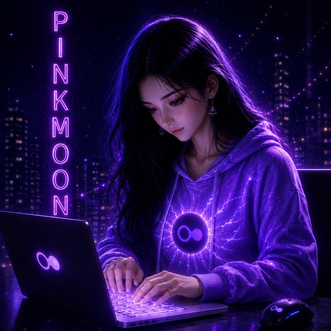 A digital illustration of a woman in a purple hoodie typing on a glowing laptop in a dark, neon-lit cyberpunk city, with vertical 'PINKMOON' text and a mouse nearby.