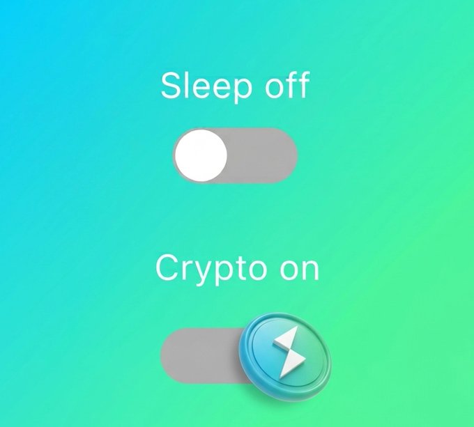 An image showing two toggle switches on a teal-to-green gradient background: "Sleep off" with the switch disabled, and "Crypto on" featuring a Lightning Network logo on the toggle, humorously illustrating the trade-off between rest and crypto trading on a morning.