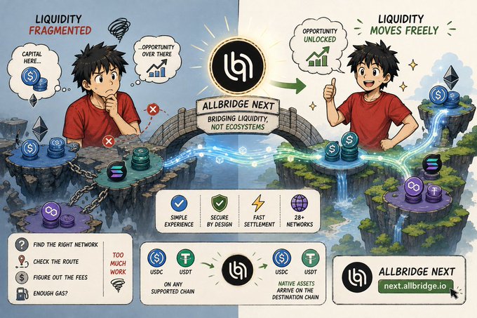 A colorful anime-style promotional graphic for "ALLBRIDGE NEXT" contrasts "LIQUIDITY FRAGMENTED" with "LIQUIDITY MOVES FREELY," illustrating a character going from confused to happy as a bridge connects crypto ecosystems across 28+ networks.