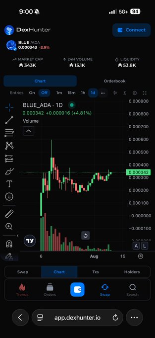 A mobile screenshot of the Dex-Hunter app showing a 1D chart for the token BLUE_ADA priced at 0.000343, with a market cap of 343K and 24h volume of 15.1K.