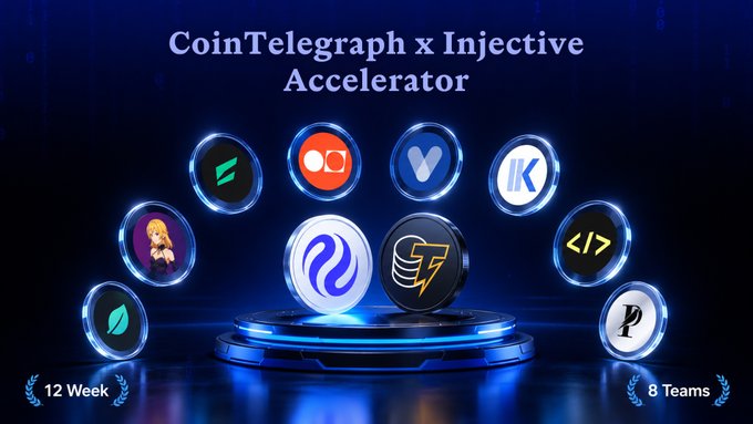 The image shows a colorful banner with different logos and text, including the phrases "cointelegraph x injective accelerator" at the top and "focus on what is in the image and how it relates to the post". The purpose of this banner appears to be to describe or promote a program that helps with fundraising projects and developers.