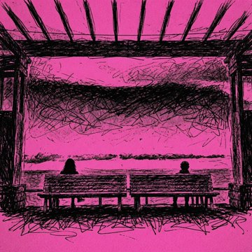 Two silhouetted figures sit apart on a bench under a sketchy pavilion, rendered in stark black scribbles against a vivid pink background. The artwork's sense of isolation and quiet longing visually echoes the post's playful plea to "adopt" a piece before it starts talking to the walls.
