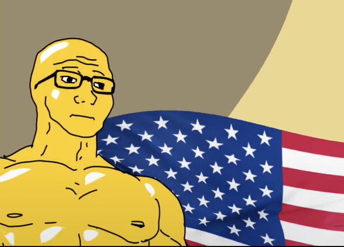 A cartoon illustration depicting a bald, bespectacled muscular man depicted in a wojak style standing in front of an American flag against a yellow and gray background.