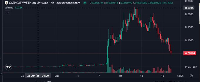 A 4-hour candlestick chart of the CASHCAT/WETH trading pair on Uniswap, showing a recent price of 0.05109 and a high of 0.2235.