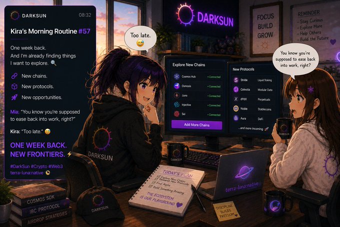 An anime-style illustration by 'terra-luna-native' titled 'Kira's Morning Routine #57' for DARKSUN, depicting two characters discussing new chains and protocols while sitting at a desk with a laptop.