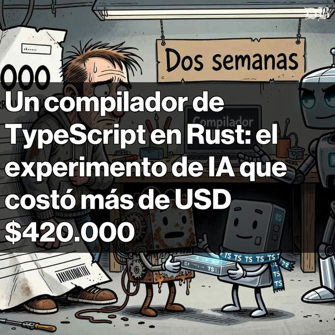 A cartoon illustration depicting a sweating man working on a TypeScript compiler, accompanied by Spanish text that reads 'Un compilador de TypeScript en Rust: el experimento de IA que costó más de USD $420,000' and a sign saying 'Dos semanas'.