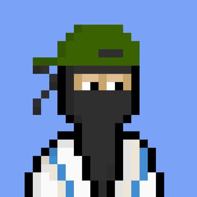 A pixel art illustration of a character with dark skin, wearing a green cap, a black face mask, and a white and blue jacket, set against a light blue background.