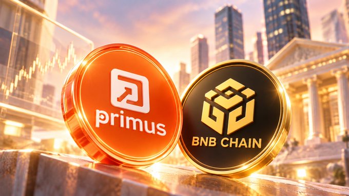Two glowing cryptocurrency coins stand in front of a city skyline, labeled “primus” and “BNB CHAIN.”