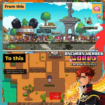 The image showcases a visual transformation of the "Onchain Heroes World" game, labeled "From this" (top, showing a crowd of pixel-art characters at a festival with a trophy) to "To this" (bottom, featuring a dedicated farm scene with crops and a character, promoting a "Coming Q1 2026" release). It aligns with the post's excitement about the project's evolution, teasing a farming feature from partners @YieldFields_RH alongside @Skarly's work.