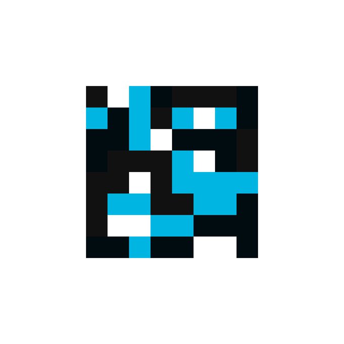 A pixel art image composed of black, cyan, and white squares arranged in an abstract pattern on a white background.