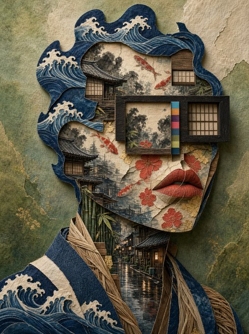 A surrealist collage artwork depicting a woman's silhouette filled with Japanese landscape imagery, including Hokusai-style waves, pagodas, koi fish, kites, and red flowers, with traditional shoji windows and red lips forming parts of her features.