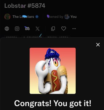 A dark-themed social media post showing an NFT called 'Lobstar #5874' by 'The Lobstars', owned by 'You', with a 'Congrats! You got it!' message below a cartoon lobster character.