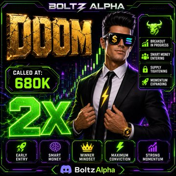 A promotional graphic for 'BOLTZ ALPHA' featuring a man in a suit and glowing LED glasses, with 'DOOM' in large letters, a value of '680K', and '2X' displayed alongside various metrics like 'EARLY ENTRY', 'SMART MONEY', and 'MOMENTUM EXPANDING'.