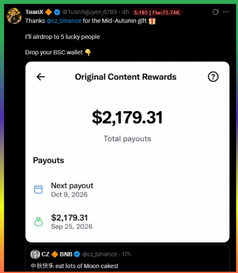 A tweet from @TuanNguyen_6789 displaying a Binance Original Content Rewards screenshot showing $2,179.31 in total payouts, with the message announcing an airdrop to 5 lucky people who drop their BSC wallet for a Mid-Autumn gift, followed by a reply from @cz_binance wishing happy Mid-Autumn and eating lots of Moon cakes.
