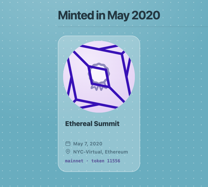 A POAP NFT card titled "Ethereal Summit" minted on May 7, 2020 in NYC-Virtual, Ethereum (token 11556).