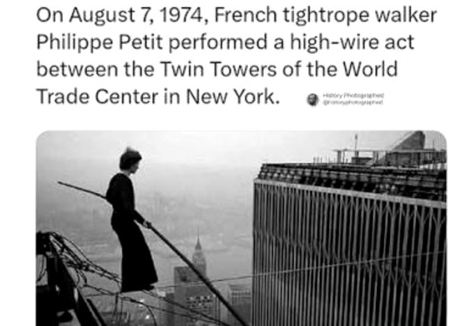 The image shows a black-and-white photo of Philippe Petit tightrope walking between the Twin Towers on August 7, 1974, with a caption describing the historic high-wire act. The post about waiting to find out about XRP uses this image to humorously convey the suspense and fear of being suspended high above the ground without knowing what's coming next, much like the tightrope walker awaiting his fate.