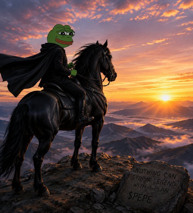 A Pepe the Frog meme image dressed as a dark rider/cowboy on a black horse at sunset overlooking mountains, with a stone inscribed "NOTHING CAN STOP A LEGEND WITH A PLAN $PEPE".